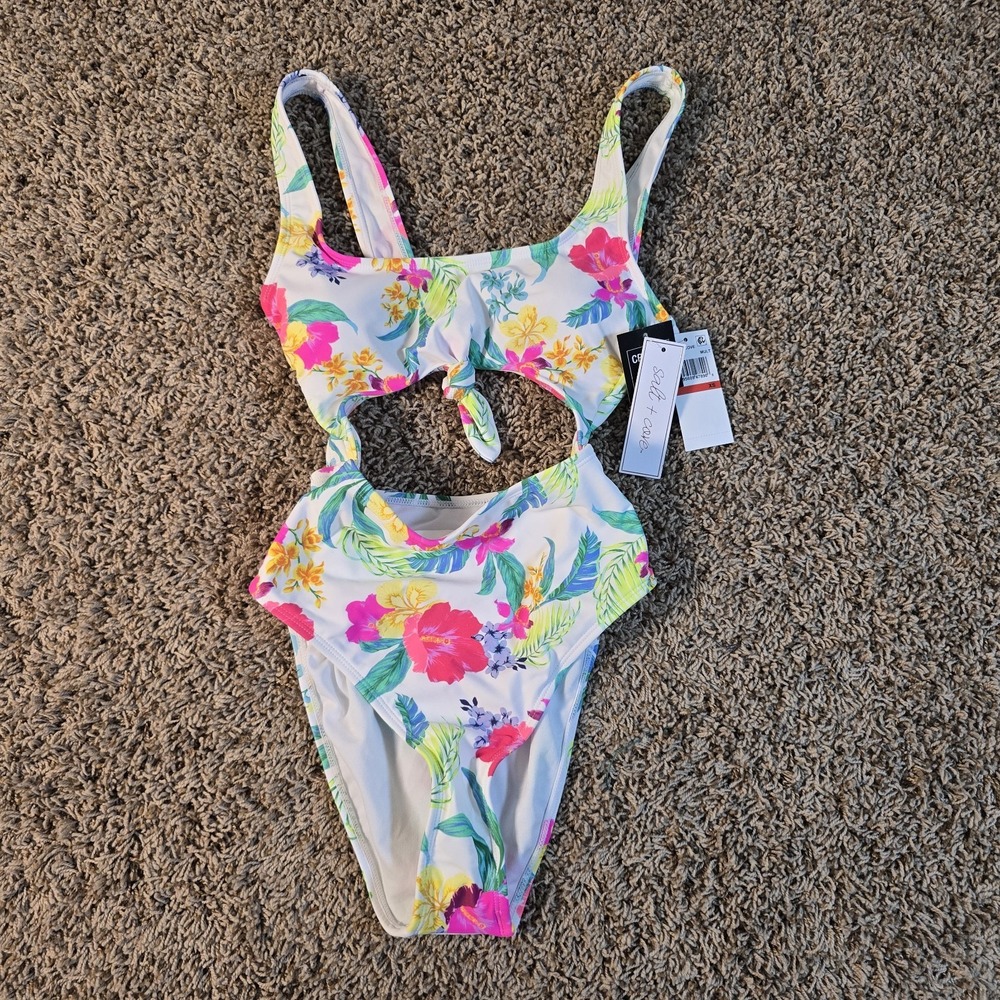 Salt + Cove Juniors' Retro Hibiscus Knot-Front‎ One-Piece Swimsuit Multi Sz XS